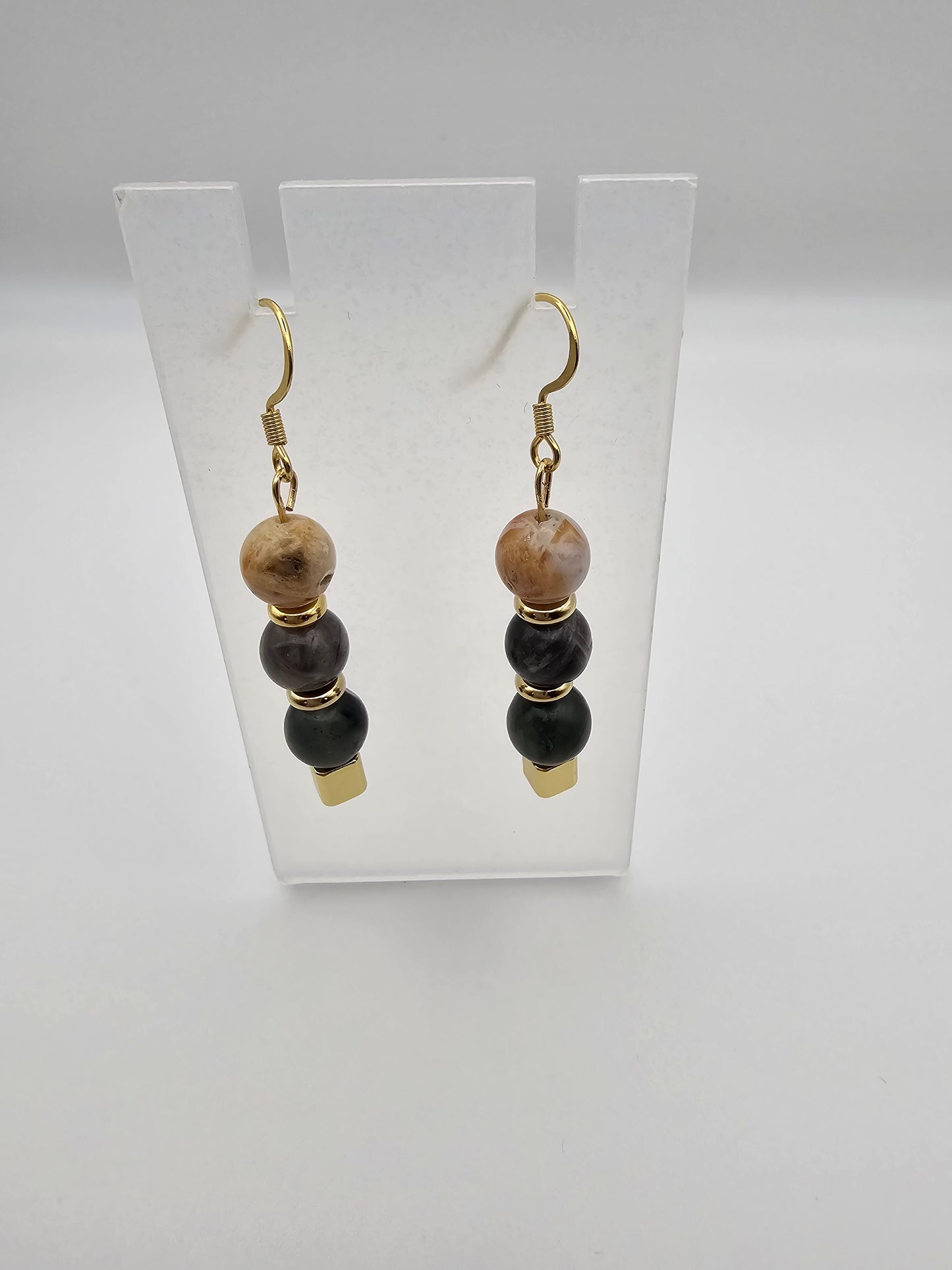 Bamboo Leaf and Bloodstone Beaded Earrings